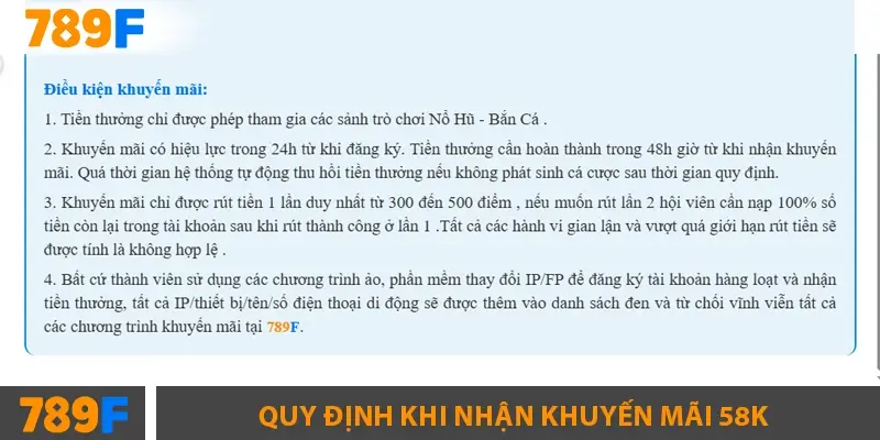 Khuyến Mãi Bắn Cá ở 789F – Tặng Code & Xu Thưởng Lớn 3 Quy định khi nhận khuyến mãi 58k